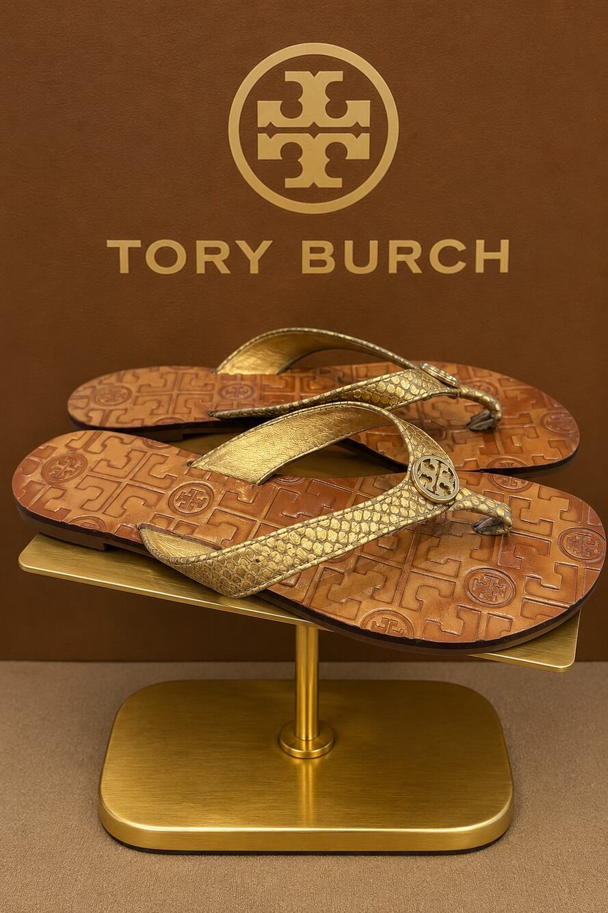 Tory Burch Thora 2 Metallic Tumbled Snake Print Gold Flip Flops 7